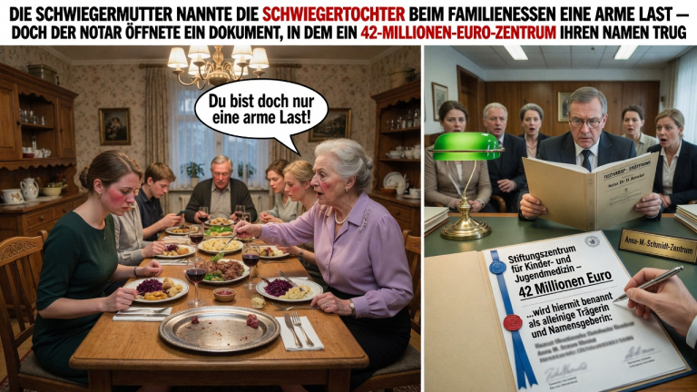 DIE SCHWIEGERMUTTER NANNTE DIE SCHWIEGERTOCHTER BEIM FAMILIENESSEN EINE ARME LAST — DOCH DER NOTAR ÖFFNETE EIN DOKUMENT, IN DEM EIN 42-MILLIONEN-EURO-ZENTRUM IHREN NAMEN TRUG