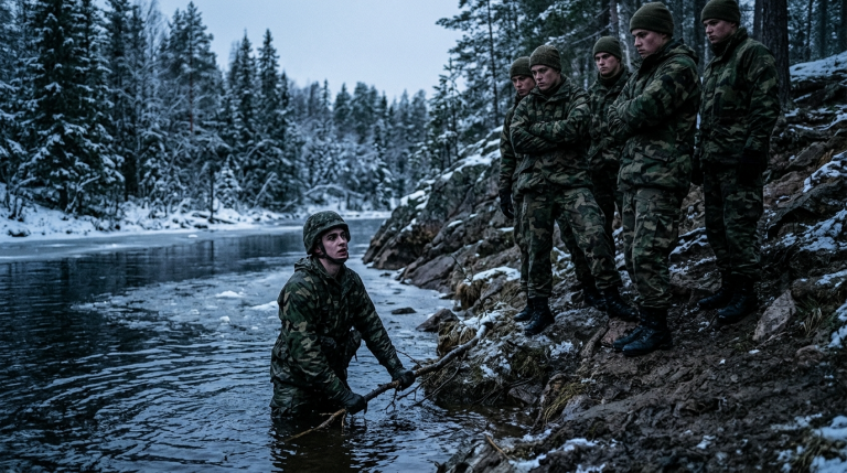 Der junge Soldat wird während der gesamten Grundausbildung schikaniert, bis ihn seine grausamen Kameraden schließlich in einen eiskalten Fluss stoßen. Mit kalten, wütenden Gesichtern versperren sie ihm den Weg ans Ufer und genießen die pure Verzweiflung in seinen Augen …Doch gibt es in diesem dunklen Moment noch irgendeinen Funken Menschlichkeit?