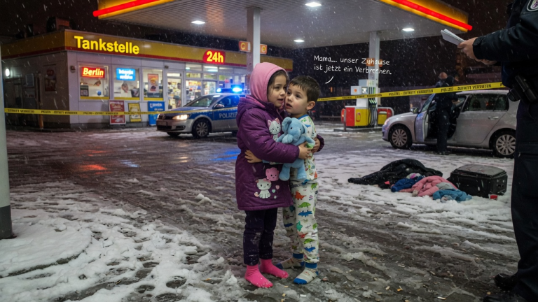 MEINE 7-JÄHRIGE TOCHTER STAND BARFUSS IM SCHNEE VOR EINER TANKSTELLE IN BERLIN UND HIELT IHREN KLEINEN BRUDER FEST — DOCH DER SATZ, DEN SIE MIR INS OHR FLÜSTERTE, MACHTE AUS UNSEREM ZUHAUSE EIN VERBRECHEN