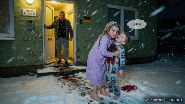 ICH FAND MEINE 7-JÄHRIGE TOCHTER BARFUSS IM SCHNEESTURM VOR UNSEREM HAUS IN HAMBURG, MIT IHREM STERBENDEN BRUDER IM ARM — UND ALS SIE DEN NAMEN FLÜSTERTE, WUSSTE ICH, DASS DAS MONSTER UNTER MEINEM DACH SCHLIEF