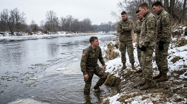 Der junge Soldat wird während der gesamten Grundausbildung schikaniert, bis ihn seine grausamen Kameraden schließlich in einen eiskalten Fluss stoßen. Mit kalten, wütenden Gesichtern versperren sie ihm den Weg ans Ufer und genießen die pure Verzweiflung in seinen Augen …Doch gibt es in diesem dunklen Moment noch irgendeinen Funken Menschlichkeit?