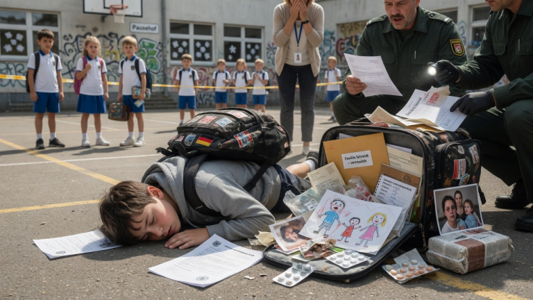 Der Junge trug jeden Tag einen viel zu schweren Rucksack und nahm ihn nicht einmal beim Mittagessen oder auf der Toilette ab — bis er heute beim Laufen auf dem Schulhof zusammenbrach. Als die Polizei den Rucksack öffnete, brachte der Inhalt ein monatelang verstecktes Familiendrama ans Licht.