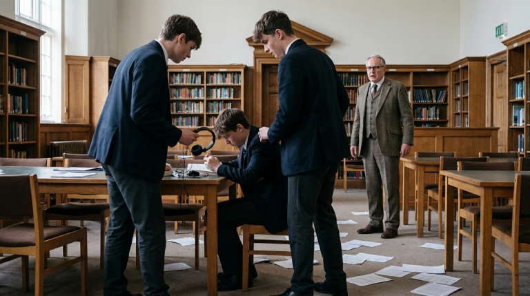 In der Bibliothek reißen die Mobber dem stummen Jungen die Kopfhörer herunter und schreien ihm voller Hass Beleidigungen ins Ohr. Sie stoßen seinen Tisch um, sodass seine Unterlagen durch den ganzen Raum fliegen …Doch wie wird der Schulleiter reagieren, nachdem er die gesamte Szene mit eigenen Augen gesehen hat?