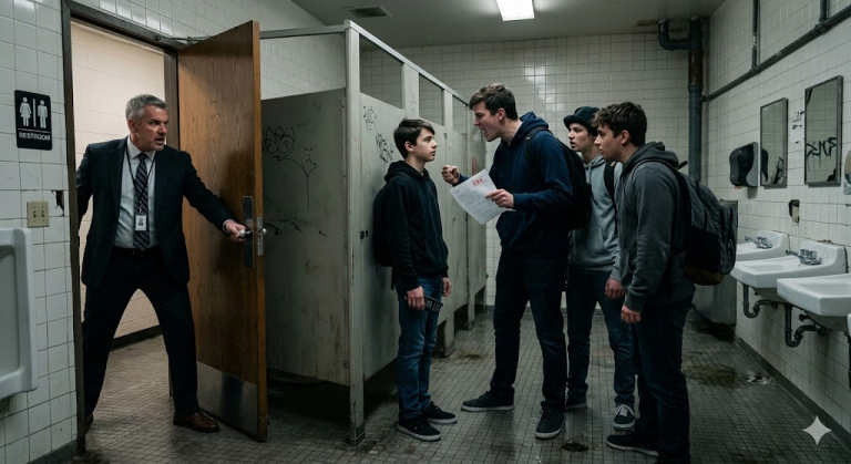 Auf der Toilette umzingeln vier Schläger den Jungen Tim. Frustriert wegen eines misslungenen Tests lassen sie ihre Wut mit Schlägen an ihm aus. Doch Tim wehrt sich nicht – er blickt nur ruhig zur Tür.Erst als der Schulleiter die Tür auftritt, begreifen die Angreifer die Wahrheit: Tim hatte den gesamten Übergriff absichtlich provoziert, um endlich Beweise gegen sie zu sammeln.