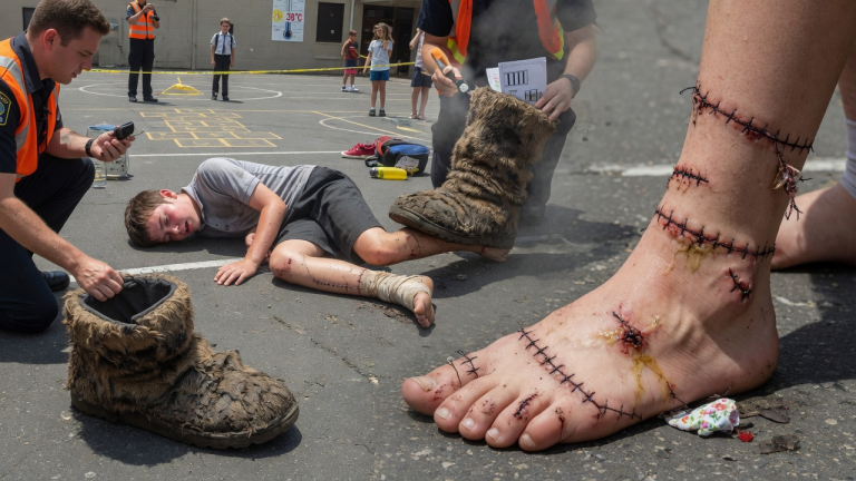 Der Junge trug eine ganze Woche lang riesige Fellstiefel bei 38 Grad Hitze und ließ niemanden sie anfassen — doch heute brach er plötzlich beim Sport auf dem Schulhof zusammen. Als Polizei und Ärzte die Stiefel auszogen, entdeckten sie zugenähte Wunden, die ein verborgenes Familiendrama enthüllten.