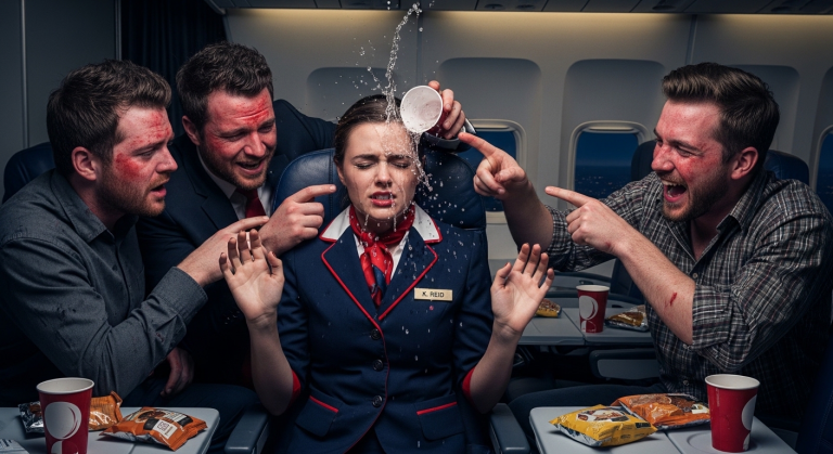 Die junge Flugbegleiterin wird von drei betrunkenen Männern belästigt und unsittlich berührt. Sie beschimpfen sie aggressiv, spritzen ihr Wasser ins Gesicht und lachen sie aus, als sie versucht, sich zu wehren.Doch plötzlich erhebt sich ein großer Mann und überwältigt die drei Angreifer. Nun stellt sich nur noch eine Frage: Was wird diese Männer am nächsten Flughafen erwarten?