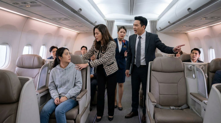 In der Business Class eines Fluges wird eine schlicht gekleidete Frau von einem arroganten Paar beleidigt. Sie packen sie sogar an den Haaren und stoßen sie grob zur Seite, weil sie ihrer Meinung nach „nicht an einen VIP-Platz gehört“. Das Paar verlangt lautstark, dass sie aus der Kabine entfernt wird.Doch plötzlich erscheint der Kapitän persönlich, tritt vor die Frau und begrüßt sie respektvoll mit einer Verbeugung. Da wird allen klar: Sie ist die größte Anteilseignerin der Fluggesellschaft.
