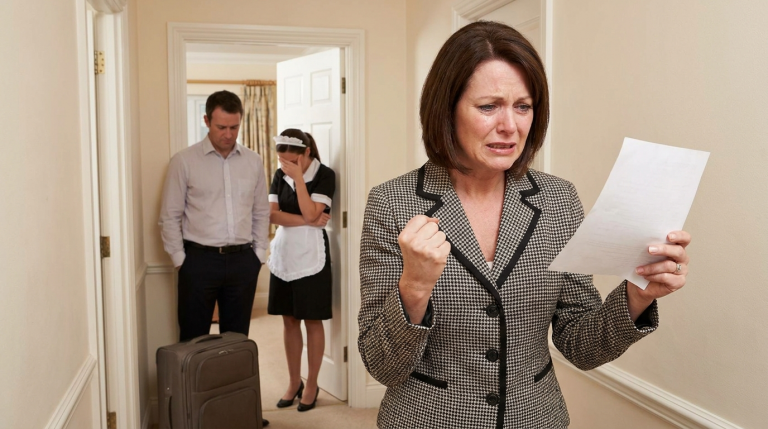 Die Ehefrau gerät außer sich vor Wut, als sie ihren Mann bei einer Affäre mit dem Hausmädchen erwischt. Im Affekt schlägt sie ihm mit einer Vase gegen den Hinterkopf und jagt ihn anschließend aus dem Haus.Mit zitternder Stimme erklärt sie ihm, dass er keinen einzigen Cent bekommen und außerdem das Sorgerecht für die Kinder verlieren wird.