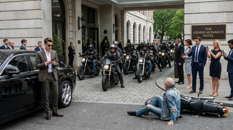 Vor einem Luxushotel eskaliert ein heftiger Streit, als ein verwöhnter Sohn aus reichem Hause dem Biker die Jacke zerreißt und ihn brutal zu Boden stößt. Mehr als zehn Zuschauer sehen nur schweigend zu, wie der Mann gedemütigt auf dem Asphalt liegt.Doch nach nur einem einzigen Anruf verändert sich alles: Dutzende Motorräder rasen heran – und der arrogante Millionärssohn bekommt eine Lektion, die er niemals vergessen wird.