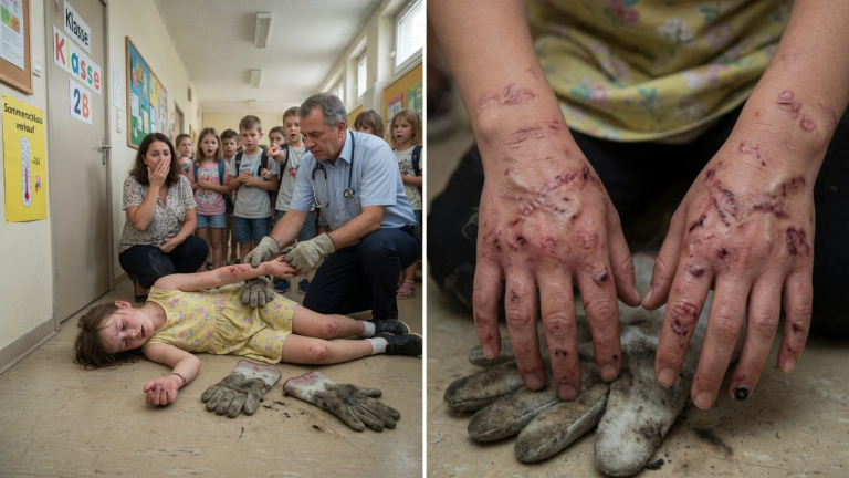 Das kleine Mädchen trug bei sengender Hitze ständig Wollhandschuhe und ließ niemanden ihre Hände berühren — doch heute brach sie plötzlich in der Schlange vor dem Klassenzimmer zusammen. Als der Arzt die Handschuhe auszog, enthüllten die Spuren an ihren kleinen Händen eine herzzerreißende Wahrheit.