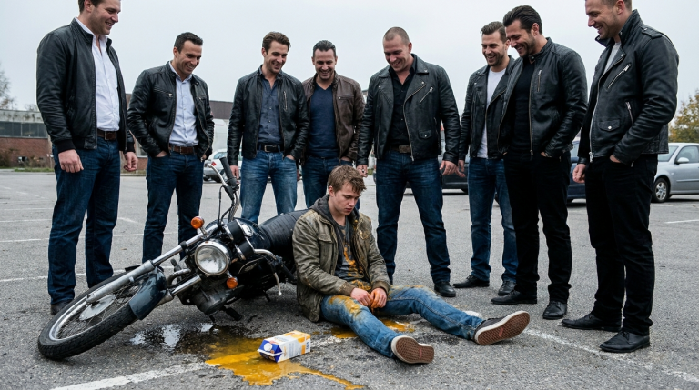 Nach zwölf Monaten harter Arbeit und eisernem Sparen konnte sich der junge Mann endlich sein erstes Motorrad kaufen. Doch als er sich einer Bikergruppe anschließen wollte, stießen ihn einige wohlhabende Rowdys zu Boden, schütteten ihm Orangensaft über den Kopf und traten sein neues Bike um.Erst als der Präsident des Bikerclubs auftaucht, ändert sich alles. In dem gedemütigten Jungen erkennt er sich selbst aus vergangenen Tagen wieder – arm, unterschätzt, aber voller Leidenschaft für seinen Traum.