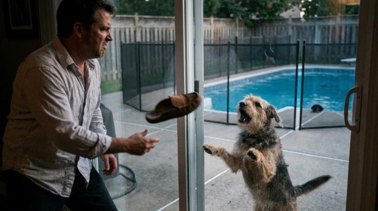 Er wirft wütend einen Hausschuh nach dem Hund, weil dieser unaufhörlich bellt und an der Glastür kratzt. Doch der Hund will weder spielen noch etwas kaputt machen – er versucht verzweifelt, den Mann zum Pool zu führen, wo dessen kleines Kind unbemerkt hineingefallen ist und langsam auf den Grund sinkt.