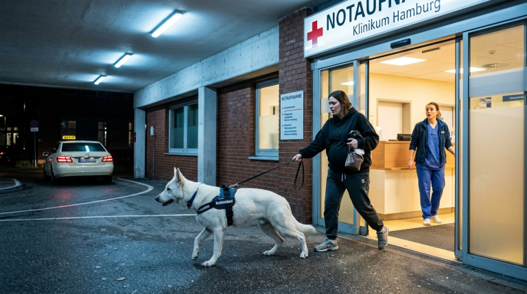 Hamburg, 2 Uhr nachts. Ein weißer Schäferhund zieht eine hochschwangere Frau in die Notaufnahme — und lässt sie nicht los, bis jemand versteht.