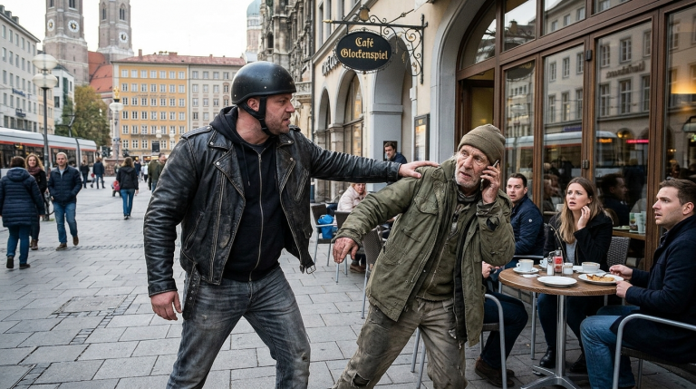 „VERSCHWINDE, ALTER BETTLER!“ — DER BIKER STIESS DEN ARMEN MANN VOR DEM CAFÉ IN MÜNCHEN WEG, BIS DER MANN EINE NUMMER WÄHLTE, DIE NIEMAND ERWARTETE