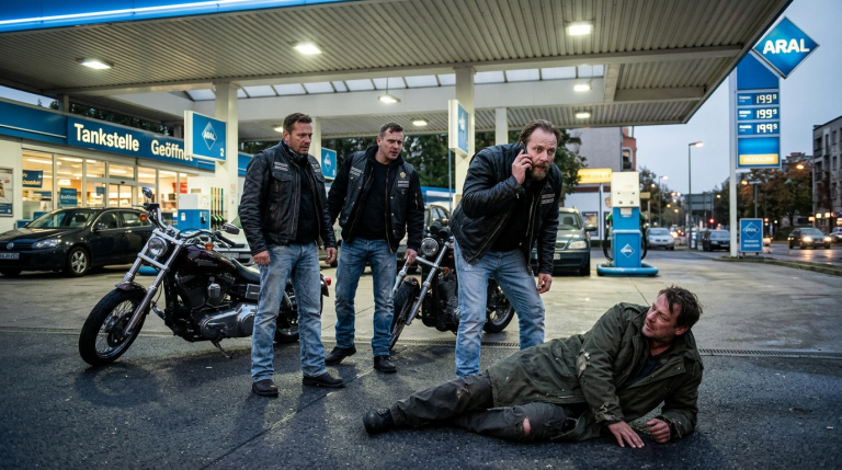 DREI BIKER STIESSEN DEN MANN MIT DEM ZERRISSENEN MANTEL AN DER BERLINER TANKSTELLE ZU BODEN — BIS SEIN ERSTER ANRUF DEN ANFÜHRER BLEICH MACHTE