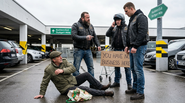„DU HAST HIER NICHTS ZU SUCHEN“ — DIE BIKER STIESSEN DEN ARMEN MANN AUF DEM STUTTGARTER PARKPLATZ ZU BODEN, BIS EIN EINZIGER ANRUF DAS GRUNDSTÜCK STILLLEGTE