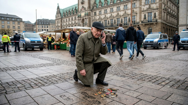 Sie zertraten die Medaillen des alten Soldaten mitten auf dem Hamburger Markt. Er sagte kein Wort—er hob nur sein Handy. Zwölf Minuten später wurden alle Ausgänge versiegelt.