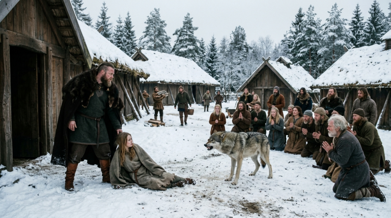 DER VIKING-HÄUPTLING WARF DIE SKLAVIN IN DEN SCHNEE — DOCH ALS DER WOLF VOR IHR KNURRTE, FIEL DAS GANZE DORF AUF DIE KNIE