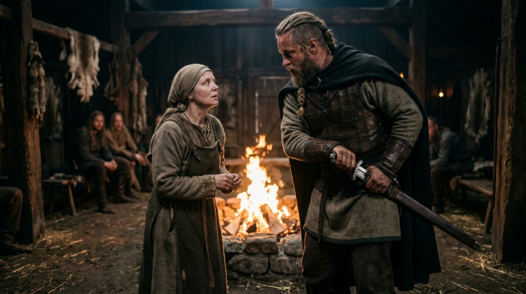 DER VIKING-KRIEGER ZERRTE DIE BLINDE FRAU VOR DAS FEUER — DANN SAGTE SIE EINEN SATZ, DER SEIN SCHWERT ZITTERN LIESS