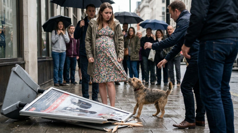 Ein kleiner Terrier biss sich mit aller Kraft am Kleid einer jungen schwangeren Frau fest und weigerte sich loszulassen, selbst als man heftig versuchte, ihn wegzuschlagen. Die Frau schrie panisch auf, während Passanten mit Regenschirmen versuchten, den Hund zu vertreiben… Nur wenige Sekunden später stürzte ein schweres Werbeschild genau auf diese Stelle hinab. Hatte der Instinkt dieses kleinen Hundes gerade eine Katastrophe verhindert?