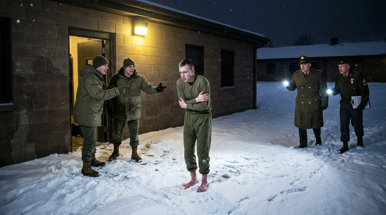 Mitten im Winter wurde ein kranker Soldat von seinen Zimmerkameraden gezwungen, stundenlang barfuß im Schnee zu stehen. Während er vor Kälte immer blasser wurde, beschimpften sie ihn als Außenseiter und ließen ihn völlig hilflos dort stehen.Doch eine unangekündigte Kontrolle mitten in der Nacht brachte schließlich die erschreckende Wahrheit ans Licht.