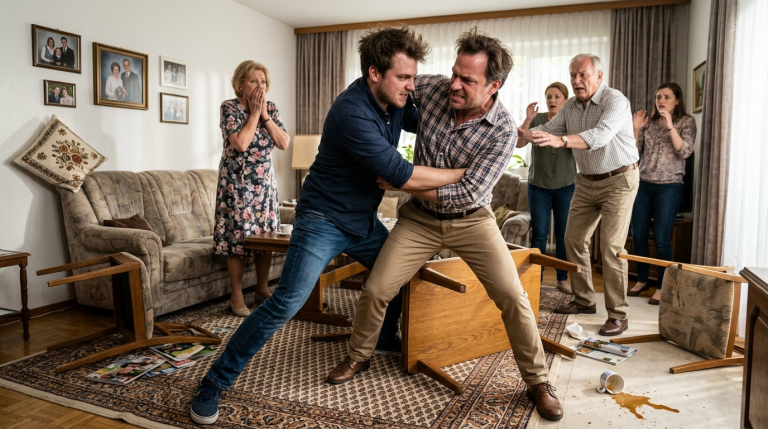 Während einer Familienfeier griff der jüngere Bruder seinen älteren Bruder plötzlich mit präzisen, gefährlichen Kampftechniken an und verwandelte das Wohnzimmer in ein chaotisches Schlachtfeld.Der schockierende Twist: Der ältere Bruder hatte ihren Vater ermordet, um das Familienvermögen an sich zu reißen. Und der jüngere Bruder hatte fünf Jahre lang heimlich Kampfsport trainiert und Beweise gesammelt, nur um genau auf diesen Moment zu warten.