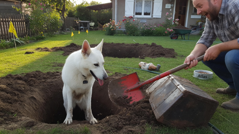 DER WEISSE SCHÄFERHUND ATLAS GRUB JEDEN TAG AN DERSELBEN STELLE IM GARTEN — SEIN BESITZER LACHTE DARÜBER, BIS DIE SCHAUFEL AUF METALL STIESS