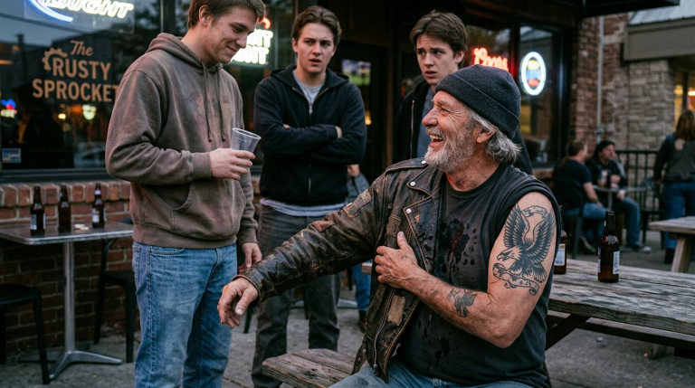 „Schlechte Idee, Kinder.“ Sie schütteten Bier über seine zerschlissene Lederjacke. Der alte Biker lachte nur. Als er die Jacke auszog und das Adler-Tattoo auf seiner Schulter zeigte, gefror ihnen das Blut in den Adern.