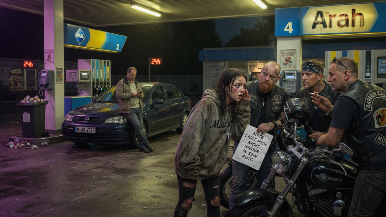 BITTE LASST MICH NICHT WIEDER IN SEIN AUTO“ — DAS VERDRECKTE MÄDCHEN FLÜSTERTE ES AN EINER MÜNCHNER TANKSTELLE ZWISCHEN DEN BIKERN, WÄHREND DER FREMDE MANN AN DER ZAPFSÄULE WARTETE