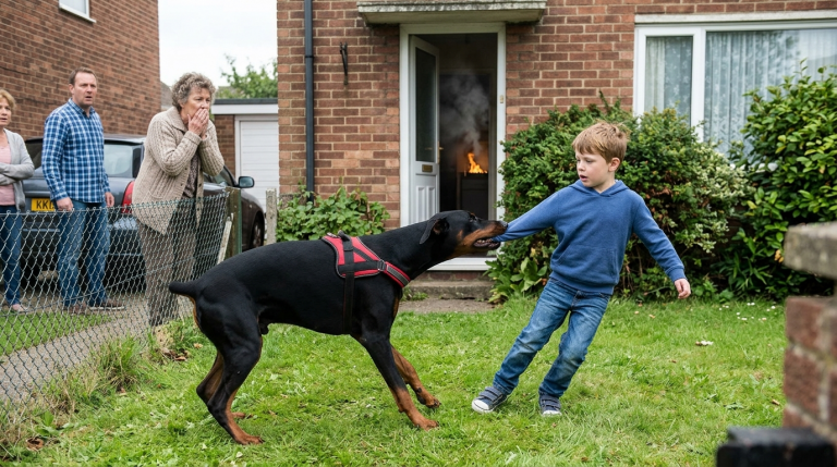 Der Dobermann zog den kleinen Jungen mit aller Kraft aus dem Haus in den Garten. Die Nachbarn dachten zunächst, der Hund sei plötzlich aggressiv geworden oder hätte irgendeinen Anfall. Doch die wahre Gefahr befand sich noch immer im Inneren des Hauses.