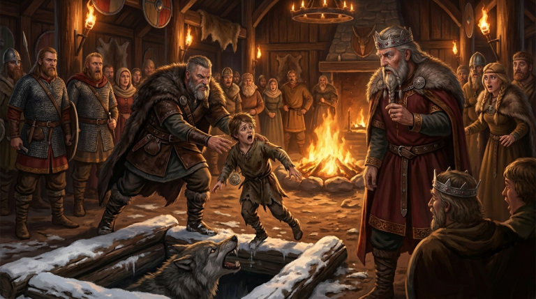 DER JARL STIESS DEN WAISENJUNGEN IN DIE SCHNEEBEDECKTE GRUBE, DAMIT DIE BESTIE SEIN GEHEIMNIS MIT IHM BEGRÄBT — DOCH ALS DER KÖNIG DAS ZEICHEN AUF DEM ANHÄNGER ERKANNTE, SENKTE SICH STILLE ÜBER DIE HALLE