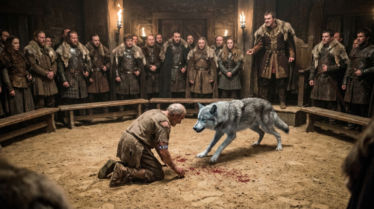 Ein arroganter Jarl warf einen alten, verkrüppelten Sklaven in die blutige Kampfgrube des Königs — Doch als der Frostwolf zuschlug, ließ ein Detail unter seinen Lumpen die ganze Halle verstummen
