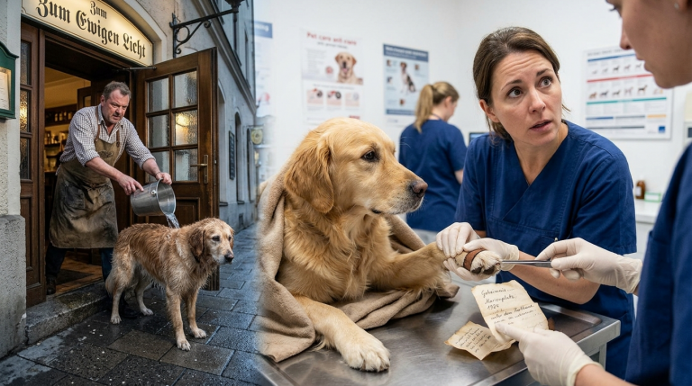 DER WÜTENDE RESTAURANTBESITZER KIPPT EISWASSER ÜBER DEN ZITTERNDEN HUND UND SCHIEBT IHN ZUR TÜR HINAUS, UM IHN ZUM EINSCHLÄFERN ZU ZWINGEN… ABER DER TIERARZT FINDET 3 VERBORGENE NACHRICHTEN UNTER SEINER PFOTE, DIE MÜNCHEN FÜR IMMER VERÄNDERN WERDEN.