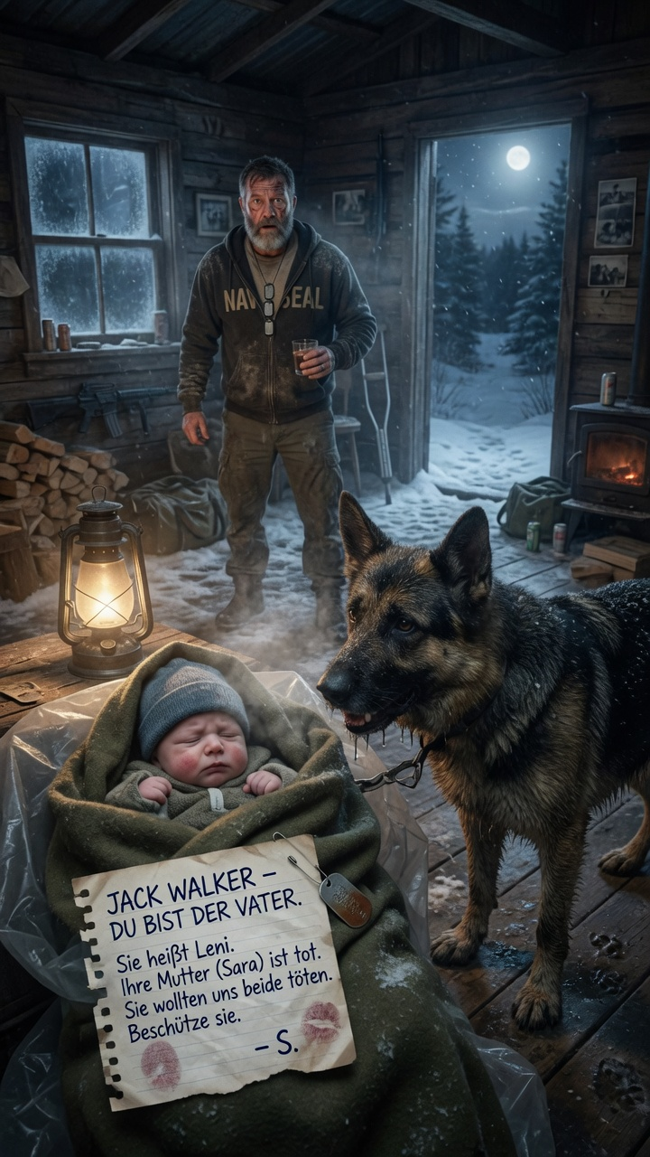 DER VERWITWETE EX-NAVY-SEAL JACK WALKER WOLLTE NUR STILLE IN SEINER HÜTTE—BIS EIN SCHÄFERHUND EIN FRIERENDES BABY MIT EINEM ZETTEL BRACHTE, DER ALLES AUFDECKTE