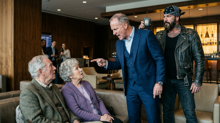 DER MILLIARDÄR VERLANGTE, DASS DAS ALTE EHEPAAR DIE VIP-LOUNGE AM FLUGHAFEN VERLÄSST, WEIL SIE „NICHT DAZU GEHÖRTEN“ — BIS DER BIKER HINTER IHM SEINEN DIENSTAUSWEIS ZOG…