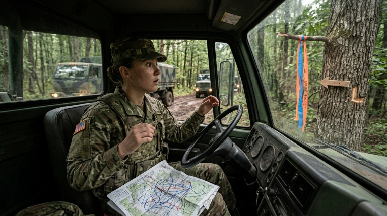 DIE MÄNNER GABEN DER EINZIGEN SOLDATIN DIE FALSCHE KARTE UND LIESSEN SIE DEN ZUG IN DEN WALD FÜHREN — BIS SIE MERKTE, DASS JEMAND DIE ROUTE SCHON VOR IHR MARKIERT HATTE…