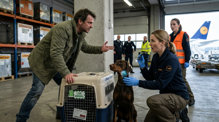 EIN RÜCKSICHTSLOSER PASSAGIER STÖSST DIE TRANSPORTBOX GEGEN DIE WAND UND FORDERT DIE SOFORTIGE EINSCHLÄFERUNG DES DOBERMANNS, WEIL ER DEN FLUG STÖRT – DOCH DIE LUFTHANSA-TIERÄRZTIN ENTDECKT 1 UNGLAUBLICHES DETAIL UNTER SEINEM FELL, DAS DEN GANZEN FLUGHAFEN LAHMLEGT.