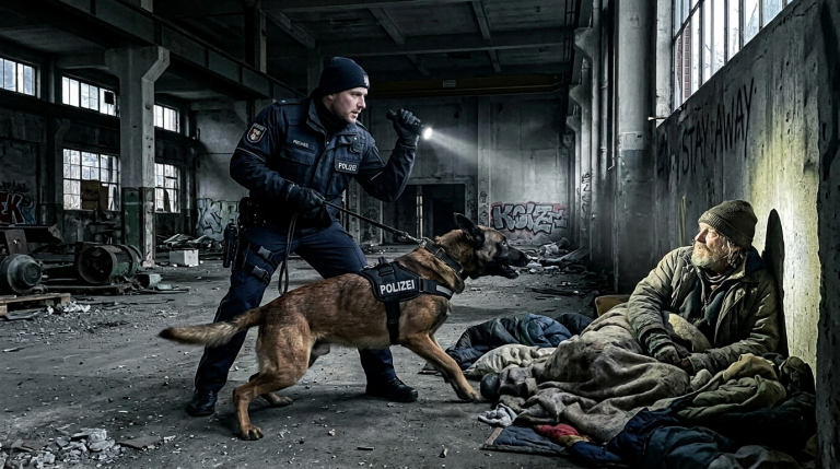 Mein K9-Hund missachtete plötzlich den Befehl und stürzte sich während einer Übung in Berlin auf einen Obdachlosen … aber als ich sein Gesicht sah, blieb mein Herz fast stehen.