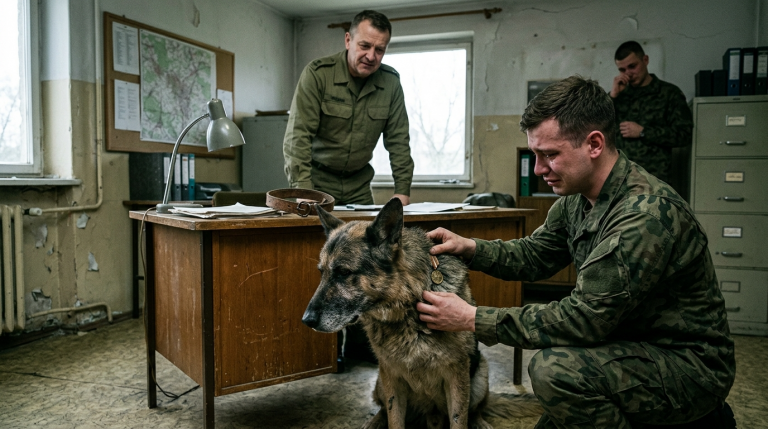 DER STRENGE KOMMANDEUR WIRFT DAS HALSBAND AUF DEN SCHREIBTISCH UND BEFIEHLT DIE SPRITZE FÜR DEN ALTEN MILITÄRHUND, WEIL ER ZU SCHWACH IST… ABER UNTER DEM DRECKIGEN FELL VERBIRGT SICH 1 HELDENHAFTE MEDAILLE AUS STUTTGART, DIE ALLE ZUM WEINEN BRINGT.