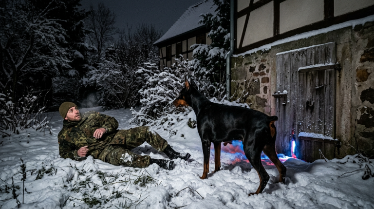 Der Dobermann stürzte sich plötzlich auf mich und warf mich in einer verschneiten Nacht im Garten hinter dem Haus in Leipzig um. Er biss không, sondern stellte sich nur vor den alten Keller und knurrte die verschlossene Tür an. Als ich unter dem Türspalt ein blinkendes Licht sah, lief es mir eiskalt den Rücken runter.