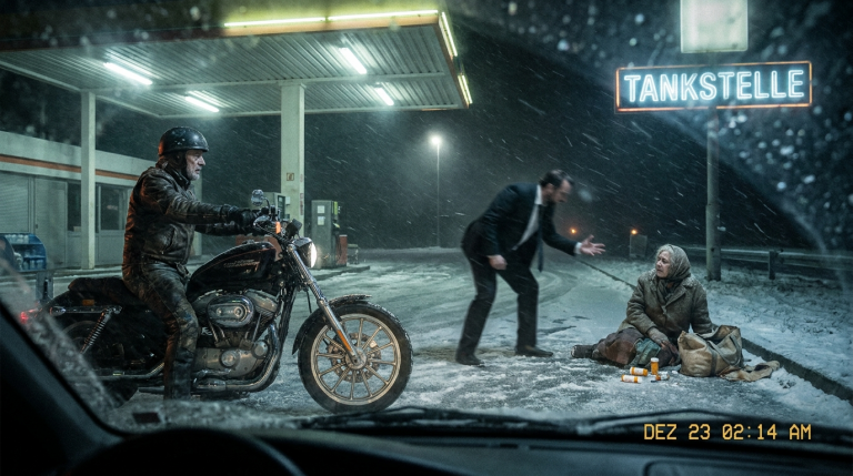 Ein Betrunkener stieß eine alte Dame vor einer Tankstelle nahe der Autobahn A9 zu Boden und lachte sie aus, als sie ihre Medikamententasche in den Schnee fallen ließ. Ein Biker in schwarzer Lederjacke hielt mit seiner Harley an und hob schweigend jede einzelne Tablette auf. Als der Betrunkene sich gerade aus dem Staub machen wollte, tauchte hinter ihm die gesamte Motorradgang auf. Der Kerl wurde kreidebleich und entschuldigte sich zitternd.