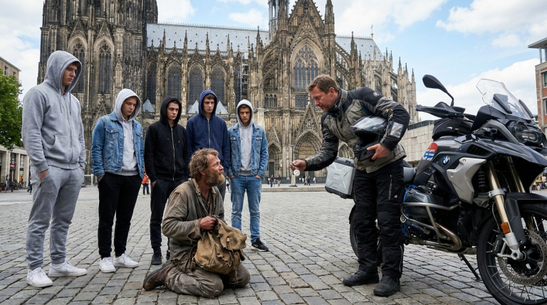 Eine Gruppe von Jugendlichen stieß einen Obdachlosen vor dem Kölner Dom zu Boden und lachte lautstark. Der Mann klammerte sich an seine alte Tasche, als würde er etwas verbergen. Ein Biker hielt mit seiner BMW GS an und blickte auf eine Medaille, die herausgefallen war. Als er „alter Kamerad“ rief, verstummte die Gruppe schlagartig.