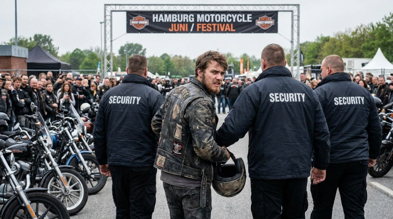“Ein junger Biker wurde von einer Gruppe von Sicherheitskräften wegen seiner abgetragenen Lederjacke vom Motorradfestival in Hamburg hinausgeschubst. Er hob schweigend seinen Helm auf, der zu Boden getreten worden war. Eine Frau mittleren Alters trat heran und sagte, dass er es war, der ihr Kind auf der Autobahn gerettet hatte. Die Sicherheitskräfte senkten die Köpfe, die Gesichter hochrot vor Scham.