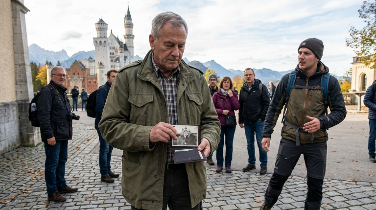 Ein Veteran wurde vor dem Tor von Schloss Neuschwanstein geohrfeigt, weil er verdächtigt wurde, Touristen betrogen zu haben. Er öffnete nur schweigend seine alte Brieftasche und gab den Blick auf ein Foto frei, das ihn zusammen mit dem einstigen Schlossherrn zeigte. Als der Sicherheitsmitarbeiter ihn als den Wohltäter seiner Familie bezeichnete, zitterte der Verleumder und blickte tief beschämt zu Boden.