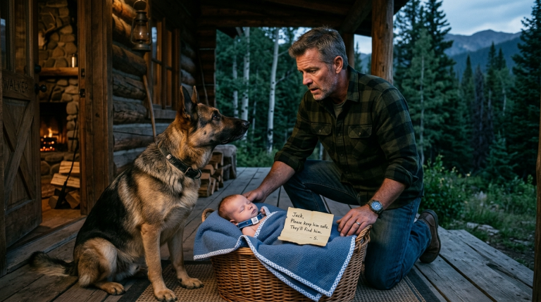 DER VERWITWETE EX-NAVY-SEAL JACK WALKER SUCHTE NUR FRIEDEN IN SEINER EINSAMEN HÜTTE—BIS EIN SCHÄFERHUND EIN BLAUGEFRONENES BABY MIT EINEM ZETTEL VOR SEINE TÜR LEGTE