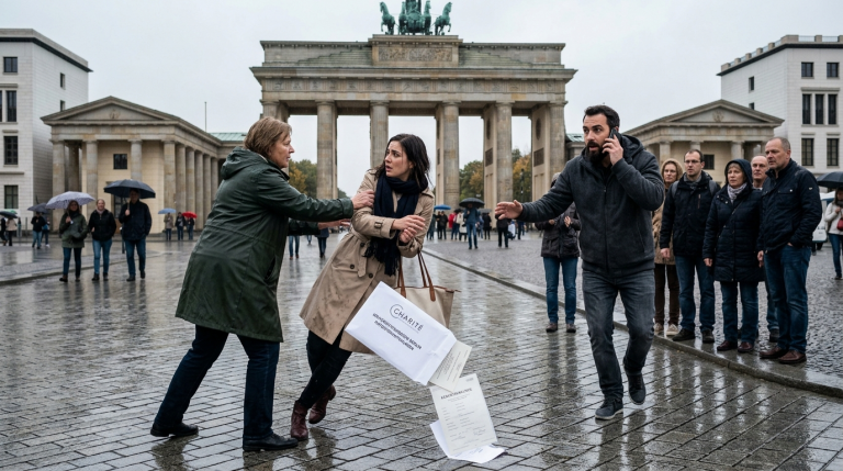 Die Schwiegermutter stieß ihre Schwiegertochter vor dem Brandenburger Tor in Berlin an einem regnerischen Oktobernachmittag so heftig, dass sie ins Taumeln geriet. Ein Krankenhausumschlag fiel zu Boden und enthüllte Geburtsunterlagen, die viele Jahre lang verborgen worden waren. Ein lange vermisster Bruder trat aus der Menschenmenge hervor. Er verständigte die Polizei; die Schwiegermutter zitterte und senkte den Kopf, als ihr Handschellen angelegt wurden.