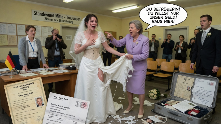 IM BERLINER STANDESAMT ZERREISST DIE SCHWIEGERMUTTER DAS BRAUTKLEID DER WEINENDEN FRAU UND NENNT SIE EINE BETRÜGERIN, DIE NUR GELD WILL… DIE 2 VERSTECKTEN DOKUMENTE IM KOFFER BEWEISEN JEDOCH EINE SCHOCKIERENDE WAHRHEIT ÜBER IHR EIGENES BLUT.