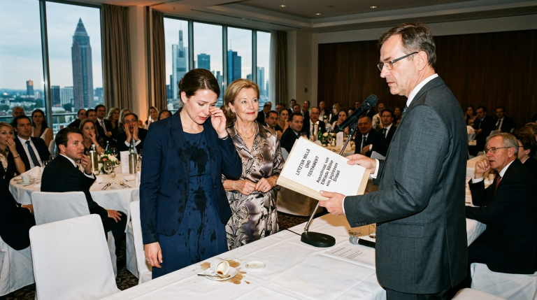 AUF DER FEIER IN FRANKFURT STIEß MEINE SCHWIEGERMUTTER MICH GEGEN DEN TISCH UND SCHÜTTETE KAFFEE ÜBER MICH, UM MICH VOR 50 GÄSTEN BLOSZUSTELLEN… PLÖTZLICH PRÄSENTIERTE DER NOTAR DAS ECHTE TESTAMENT MEINES MANNES, WELCHES SIE OFFIZIELL VON JEDEM CENT AUSSCHLOSS.