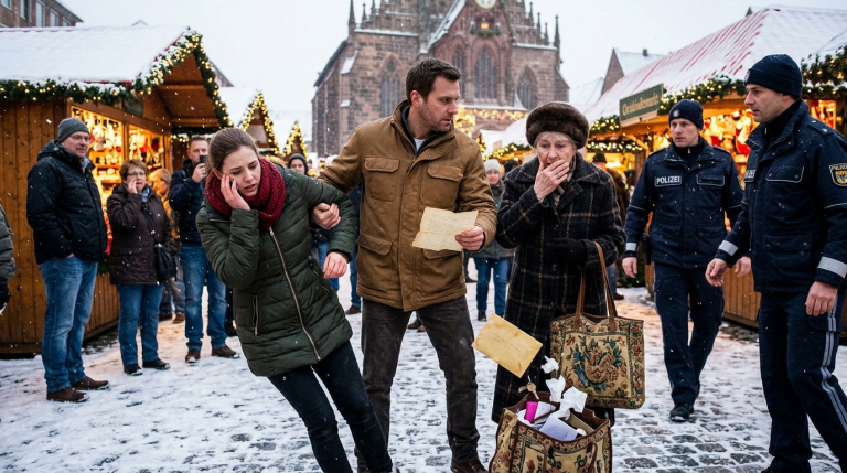 Die Schwiegermutter ohrfeigte ihre Schwiegertochter vor dem Nürnberger Christkindlesmarkt, sodass sie im Schnee ins Wanken geriet. Als die alte Tasche aufplatzte, fiel ein Brief über die Suche nach Angehörigen von vor 15 Jahren heraus. Der vermisste Bruder las darin den Namen seiner Schwester. Sofort stellte er sich schützend vor sie; die Schwiegermutter zitterte am ganzen Körper, als die Polizei eintraf.