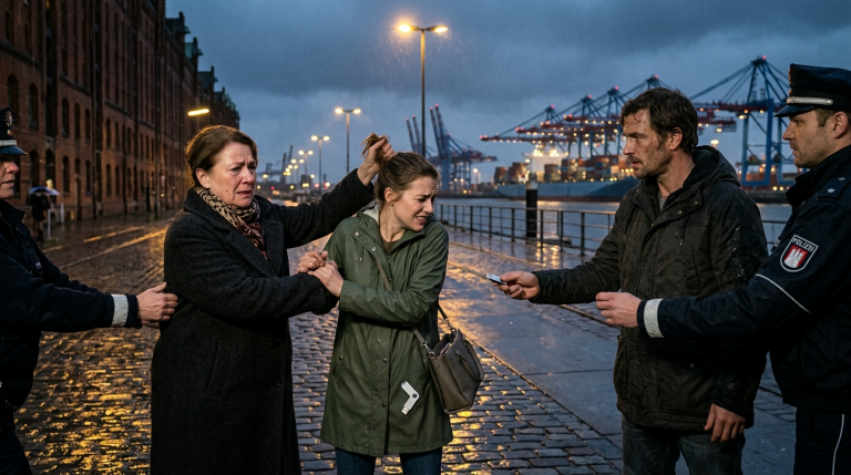 Die Schwiegermutter zog ihre Schwiegertochter direkt vor dem Hamburger Hafen an einem kalten, regnerischen Abend an den Haaren. Ein kleiner USB-Stick fiel aus ihrer Tasche; darauf befand sich eine heimliche Aufnahme darüber, wie die Schwiegermutter das Familienvermögen an sich gerissen hatte. Der vermisste Bruder tauchte nach vielen Jahren wieder auf. Er übergab den Beweis; die Schwiegermutter zitterte und brach in Tränen aus, als sie verhaftet wurde.